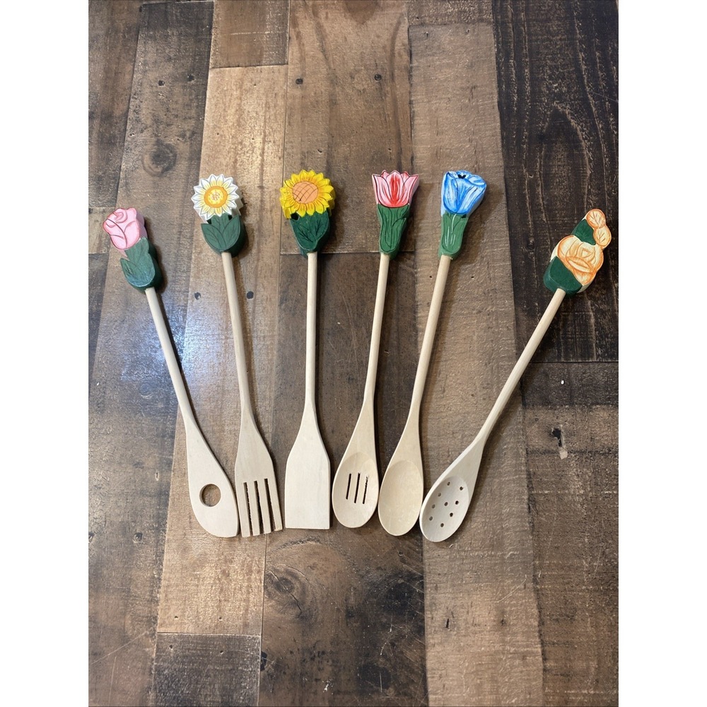 Wooden Cooking‎ Utensil 6 Hand Painted Flower Handle Ceramic Basket Tool Holder - Picture 6 of 16